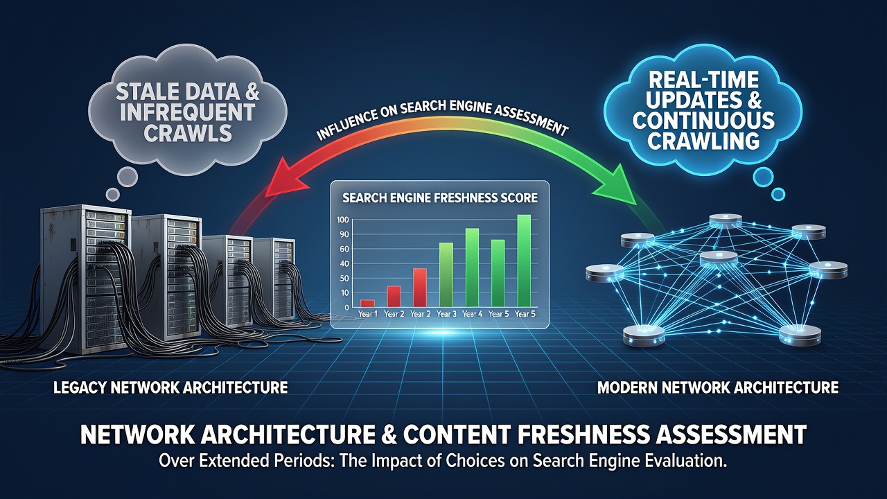 How Network Architecture Choices Influence Search Engine Assessment of Content Freshness Over Extended Periods